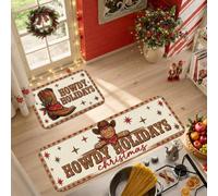 Western Gingerbread Howdy Holidays Man Christmas Kitchen Rugs Sets of 2 | Western Theme, Kitchen Sink Rug, Cowboy Boot, Horseshoe, Farmhouse Decor, Winter Seasonal, Kitchen Floor Accents