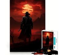 Western Gunslinger Silhouette Against Red Moon Jigsaw 1000 Pieces for Teenagers Memory Train Fun Clean Seamless Connection Relaxing Indoor Group Activity (38x52cm)