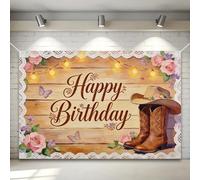 Western Happy Birthday Backdrop Banner, Rustic Cowboy Birthday Decorations with Boots Flowers Wooden Background for Party Photo Booth Supplies