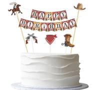 Western Happy Birthday Cake Topper Banner - 6pcs Wild West Cake Bunting Banner & Cupcake Toppers - West Cowboy Baby Shower or Birthday Party Decorations