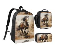 Western Horse 17 Inch Backpack Lunch Bag Pencil Case Set, Cute Print, Durable Oxford Cloth.