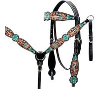 Western Horse Headstall Bridle Breast Collar Reins Tack Set Leather Floral Tooled Handmade Full Cob Pony Breastplate ME-HBC-081 (Full)
