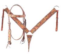 Western Horse Headstall Bridle Breast Collar Reins Tack Set Leather Floral Tooled Handmade Full Cob Pony Breastplate ME-HBC-060 (Cob)