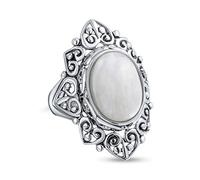 Western Jewelry Boho Bali Vintage Style Large Gemstone Filigree Oval Cabochon Armor Full Finger Statement Rainbow Natura Moonstone Ring For Women Oxidized .925 Sterling Silver