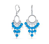 Western Jewelry Boho Ethnic Indian Style Blue Turquoise Fringe Tassel Beads Chandelier Earrings For Women Teen .925 Sterling Silver Lever Back
