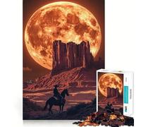 Western Landscape with Cowboy And Moon 1000 Piece Jigsaws for Adults Brain Recall Game Tight Interlock No Gaps Calming Mental Break Activity (38x26cm)