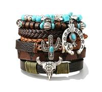 Western Leather Beaded Bracelet Stack for Women Men - Boho Cowgirl Cowboy Layered Bracelets with Turquoise, Cactus & Bull Skull Charms - Country Concert Outfits Southwestern Jewelry Accessories, M
