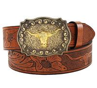 Western Leather Buckle Belts Longhorn Bull Buckle Belt Floral Engraved Cowboy Belts for Men, Brown, For waist size 33"-37"