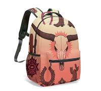 Western Longhorn Skull 16 Inch Backpack Cowboy Boots Cactus Tribal Geometric All Over Print Southwest Traveling Daypack (01)