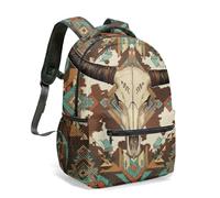Western Longhorn Skull 16 Inch Backpack Cowboy Boots Cactus Tribal Geometric All Over Print Southwest Traveling Daypack (03)