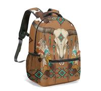 Western Longhorn Skull 16 Inch Backpack Cowboy Boots Cactus Tribal Geometric All Over Print Southwest Traveling Daypack (06)