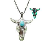 Western Necklace for Cowgirl Cowboy Bohemian Turquoise Bull Ox Head Skull Necklace for Women Men Glow in The Dark Jewelry, Stainless Steel, No Gemstone
