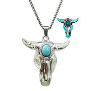 Western Necklace for Cowgirl Cowboy Bohemian Turquoise Bull Ox Head Skull Necklace for Women Men Glow in The Dark Jewelry, Stainless Steel, No Gemstone