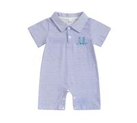 Western Newborn Baby Boy Summer Clothes Cowboy Boots Embroidery Striped Jumpsuit Romper Lapel Button Retro Bodysuit Welcome Home (Blue, 3-6 Months)