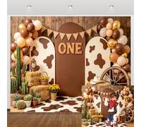 Western ONE Birthday Backdrop 7x5ft Brown Cow Print Wooden Backdrop for Wild West Themed Party Cake Smash Decoration Banner Baby Shower Newborn boy Girls 1st Party Photo Props