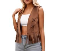Western Outfit Women's Fringe Vest in Suede Look Hippie Costume Women's Cowgirl Sleeveless Long Vest with Tassels 60s 70s Outerwear Boho Festival Carnival Fancy Dress Costumes, brown, M
