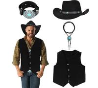 Western Outfits for Men, Cowboy Costume Suit with Suede Leather Vest Hat Necklace Belt Buckle, Cowboy Style Sleeveless Jacket for Halloween Costume Cosplay Party (Black (Turquoise), L)