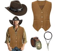 Western Outfits for Men, Cowboy Costume Suit with Suede Leather Vest Hat Necklace Belt Buckle, Cowboy Style Sleeveless Jacket for Halloween Costume Cosplay Party (Brown (Turquoise), L)