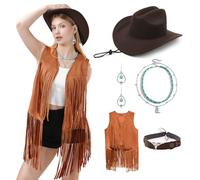 Western Outfits for Women Boho Cowboy Hat Retro Fringe Vest Multi-layer Necklace set Hippie Outits for Cosplay, Brown, XXXL
