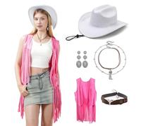 Western Outfits for Women Boho Cowboy Hat Retro Fringe Vest Multi-layer Necklace set Hippie Outits for Cosplay, Pink, XXL