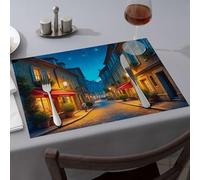 Western Party Decorations A Charming Street Lined With Cozy Cafes Under A Starry Night Sky Dining Place Mats Table Cloth Pink Placemats(6PCS)