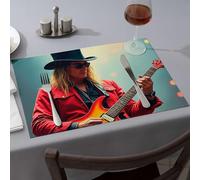 Western Party Decorations A Musician in A Red Jacket and Top Hat Plays an Electric Guitar Dining Place Mats Table Cloth Pink Placemats(6PCS)
