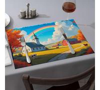 Western Party Decorations A Picturesque Rural Scene With A Church, Barns, Cows, And A Rainbow Dining Place Mats Golden Girls Gifts Table Cloth(4PCS)