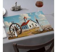 Western Party Decorations A Quaint White Church With A Red Roof Stands Amidst Blooming Cotton Fields Dining Place Mats Table Runner Wipeable Placemats(1PCS)