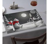 Western Party Decorations A White Cat Wearing A Red Scarf Sits In A Snowy Landscape Under A Full Moon Dining Place Mats Spring Placemats Western Party Decorations(6PCS)