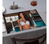 Western Party Decorations A Woman In A White Bra Standing Next To A Classic Car. Dining Place Mats Strawberry Rug Rustic Home Decor(4PCS)