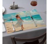 Western Party Decorations A Woman In A White Dress Walks Along The Beach With A Sailboat In The Distance. Dining Place Mats Table Runner Wipeable Placemats(6PCS)
