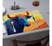 Western Party Decorations Blue Bull With Intricate Patterns In A Desert Landscape Dining Place Mats Table Cloth Pink Placemats(6PCS)