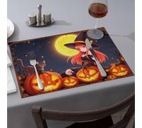 Western Party Decorations Halloween Witch with Pumpkins Under The Moon Dining Place Mats Yellow Placemats Kitchen and Dining(1PCS)