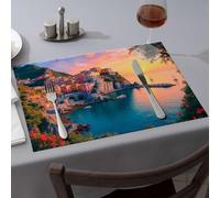 Western Party Decorations Sunset Over Coastal Town with Boats in The Harbor Dining Place Mats Tablecloth Western Tablecloth(4PCS)