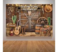 Western Party Theme Backdrop 5.9 * 3.6 Ft Western Cowboy Party Decorations Supply Wild West Theme Decor Wooden House Barn Photo Background for Kids Phott Birthday Banner Rustic Booth