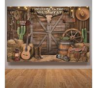 Western Party Theme Backdrop - 5.9 * 3.6 Ft Western Theme Cowboy Party Decorations, Wild West Theme Decorations Wooden House Barn Photo Background, Photos Props for Kids Boy Birthday