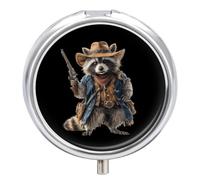 Western Raccoon Mini Pill Organizers Cute Round Pills Box Portable 3 Compartment Medicine Case Box for Travel