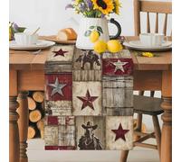 Western Red Table Runner 13x70 Inches Long Brown Texas Star Wood Grain Distressed Patchwork Cotton Linen Table Runner Burlap Style for Dinner Table Party Decor Tabletop Decorations