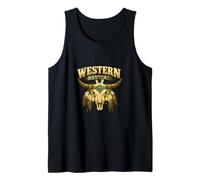 Western Revival Bull Skull Native American Feathers Cowboy Tank Top