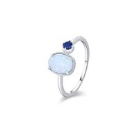 Western Ring, Wedding Band Set Elegant 4 Claw 1.5ct Oval Opal and 0.3ct Round Lab Sapphire 9K White Gold Size V 1/2