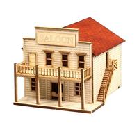 영공방 Western Saloon Wood Kit YM624 HO Scale 1:87 Padauk Roof | HO scale old west saloon, 140 x 130 x 105 mm, false facade and balcony, padauk roof