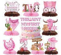 Western Second Birthday Decorations Girl - 10 Pcs Pink Western Cowgirl Theme cake Toppers Honeycomb Centerpieces 2nd Cowgirl Birthday Party Decorations for Girl Baby Shower Wild West Party Supplies