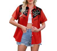 Western Shirts for Women Retro Cowgirl Shirt Rodeo Button Down Tshirt Casual Collared Cowboy Blouses Tops, Red, M