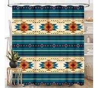 Western Shower Curtain, Boho Aztec Southwest Natvie Tribal American Ethnic Western Abstract Geometric Vintage Retro Blue Waterproof Fabric Bathroom Shower Curtain Set with Hooks, 72"x72" Inch