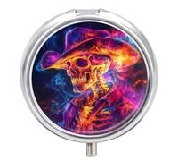 Western Skeletal Colorful Smoking Pill Box with 3 Compartments and Mirror Cute Metal Round Pill Case for Vitamin Fish Oils