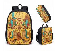 Western Skull Floral Boho 17 Inch Backpack 3 Piece Set Country Style Cowboy Hat Print Rucksack 44x28x13cm (06)