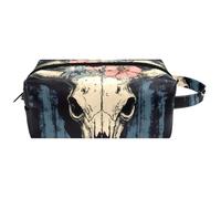 Western Skull Floral Flower Bones Hanging Makeup Bag, Water - Resistant Leather Toiletry Travel Bag with Handle, Portable Cosmetic Case for Women Men Girls