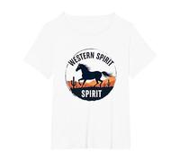 Western Spirit: Wild Horse Desert Sunset Emblem, Cow Girl T-Shirt, Women's Plus, White, 1X