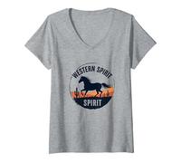 Western Spirit: Wild Horse Desert Sunset Emblem, Cow Girl V-Neck T-Shirt, Women, Heather Grey, M