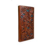 Western Stakes Classic Floral Cutout Soft Leather Checkbook Style Cowboy Hand Crafted High End Mens Wallets Rodeo Bi Fold Tooled Leather Gifts For Men, Brown & Teal, Wallet